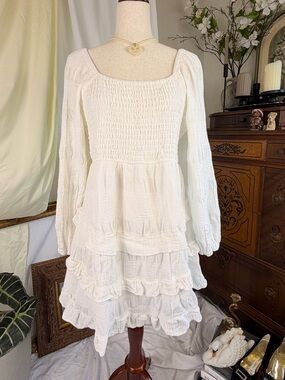 White Smocked Long-Sleeve Tiered Mini Dress Arula Plus Size Cottagecore Summer